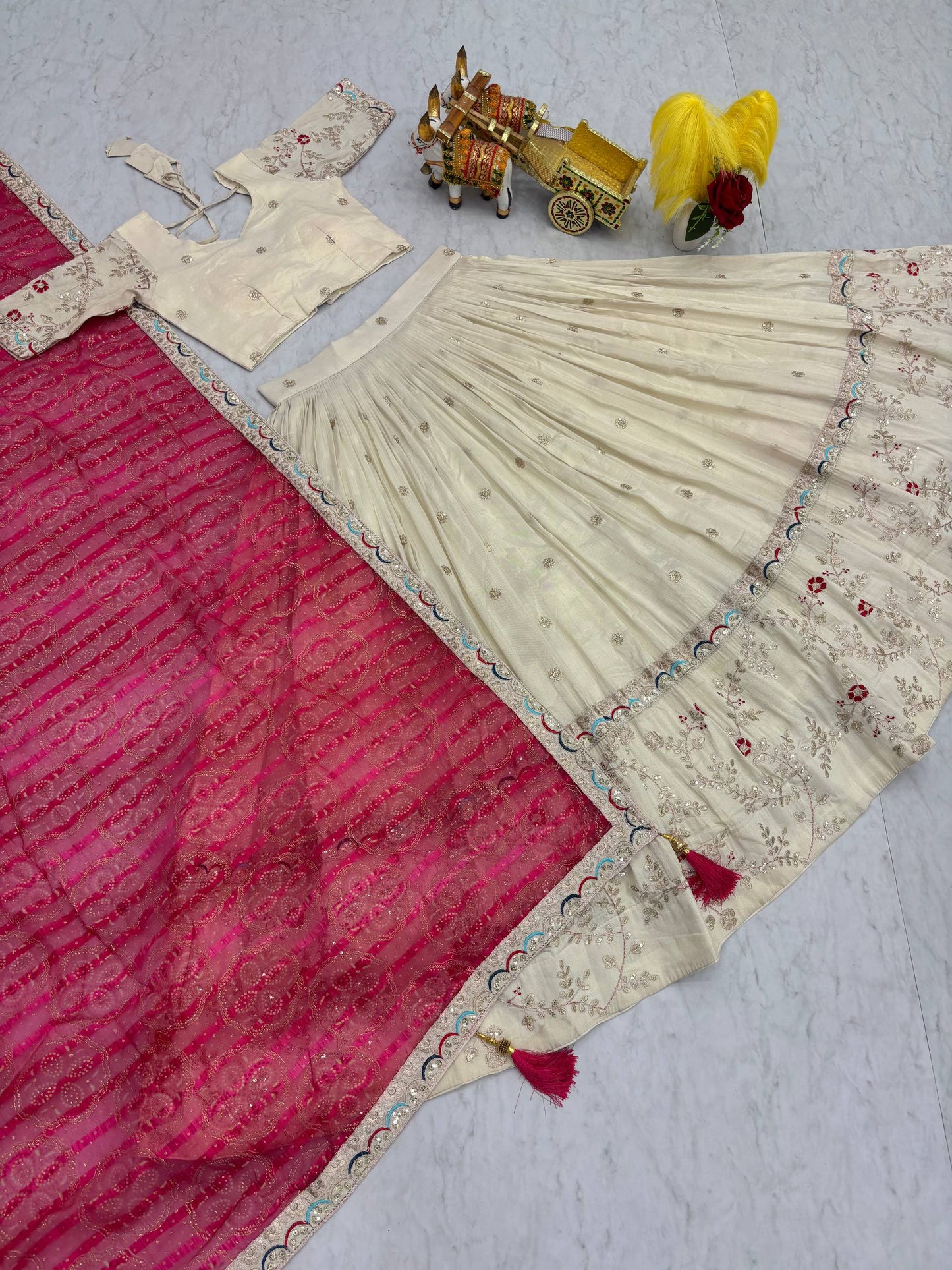 Heavy Embroidered Ivory Tissue Silk Lehenga with Pink Dupatta