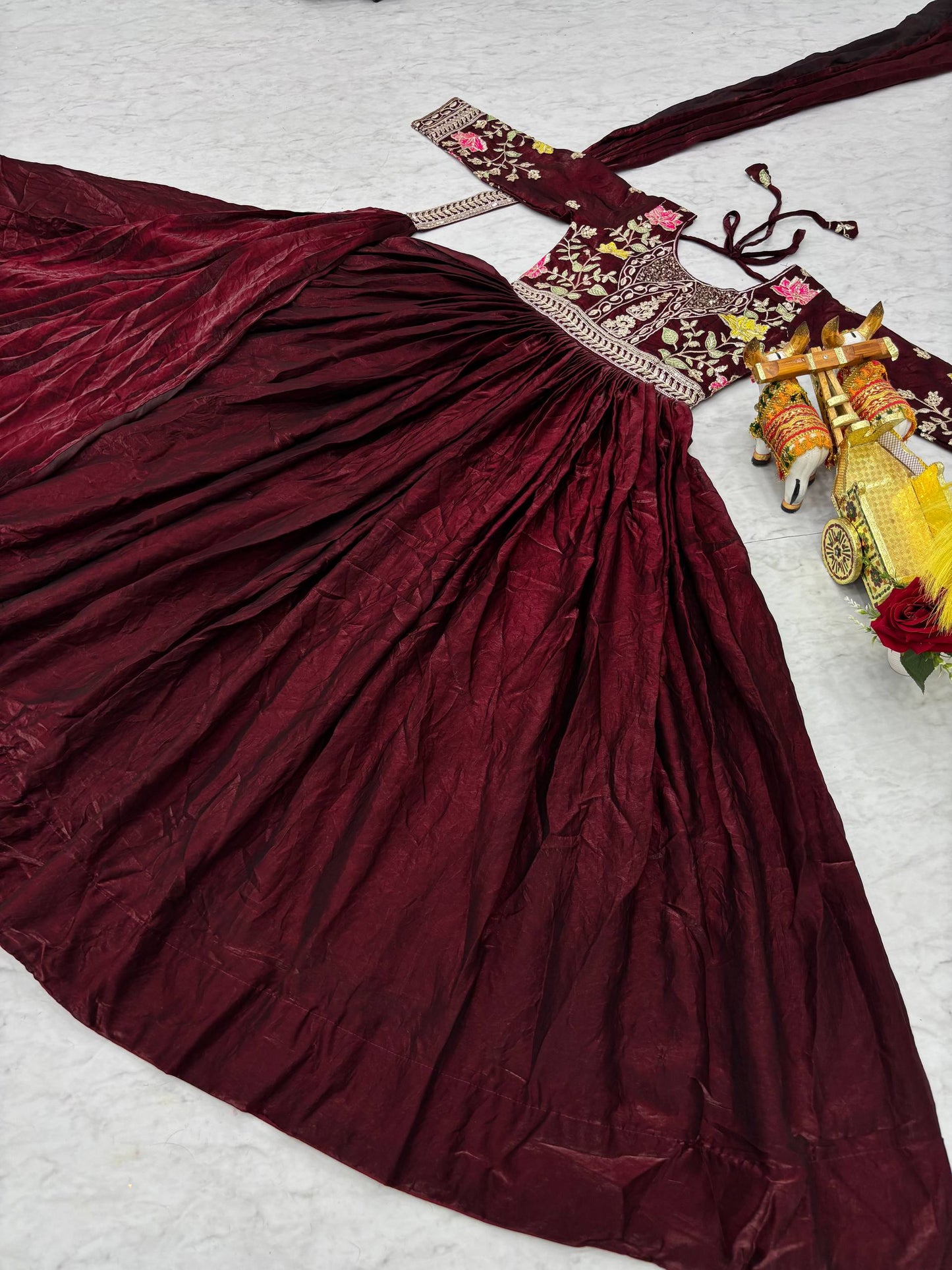 Maroon Silk Festive Long Gown & Dupatta