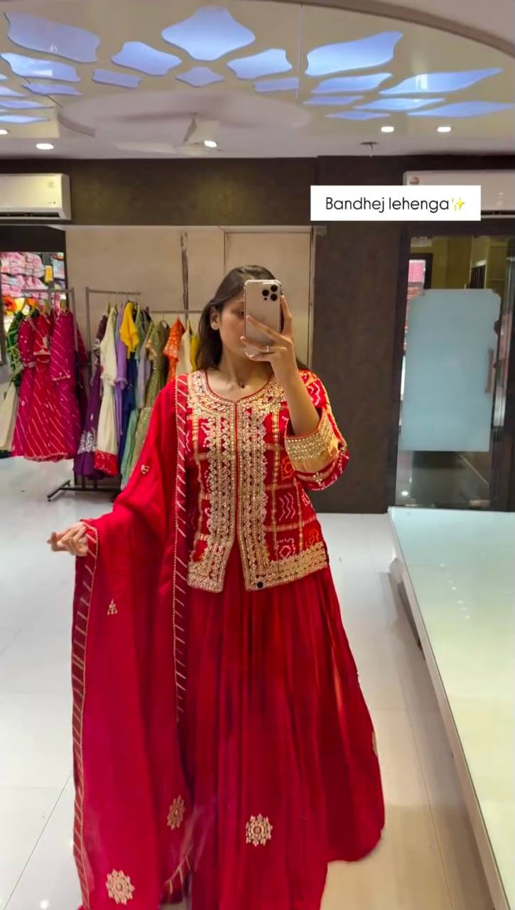 RED DESIGNER WEAR  HEAVY CHINON EMBROIDERY CODING SEQUENCE WORK TOP WITH LEHENGA