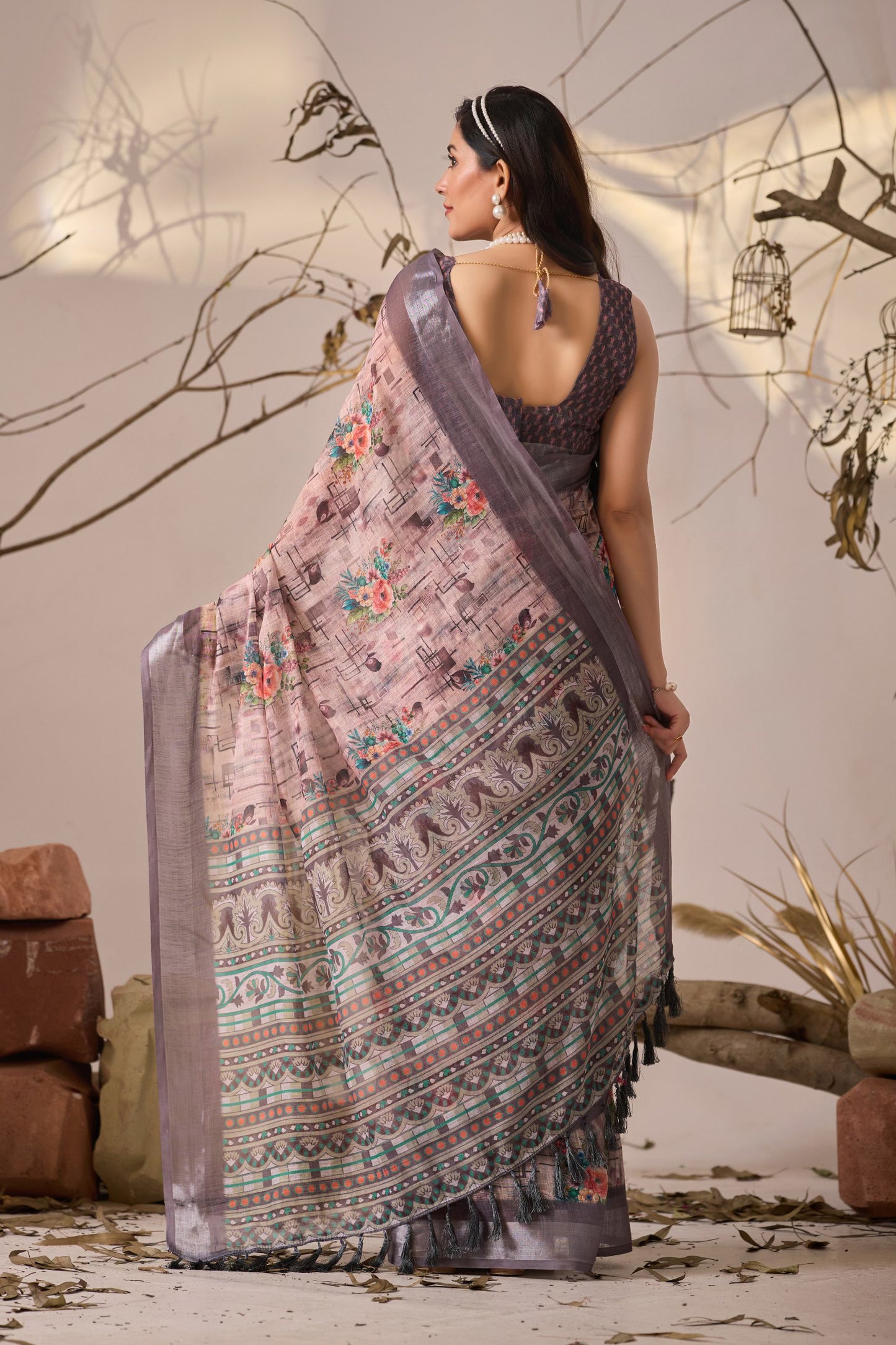 Elegant Digital Floral & Geometric Print Premium Linen Cotton Saree