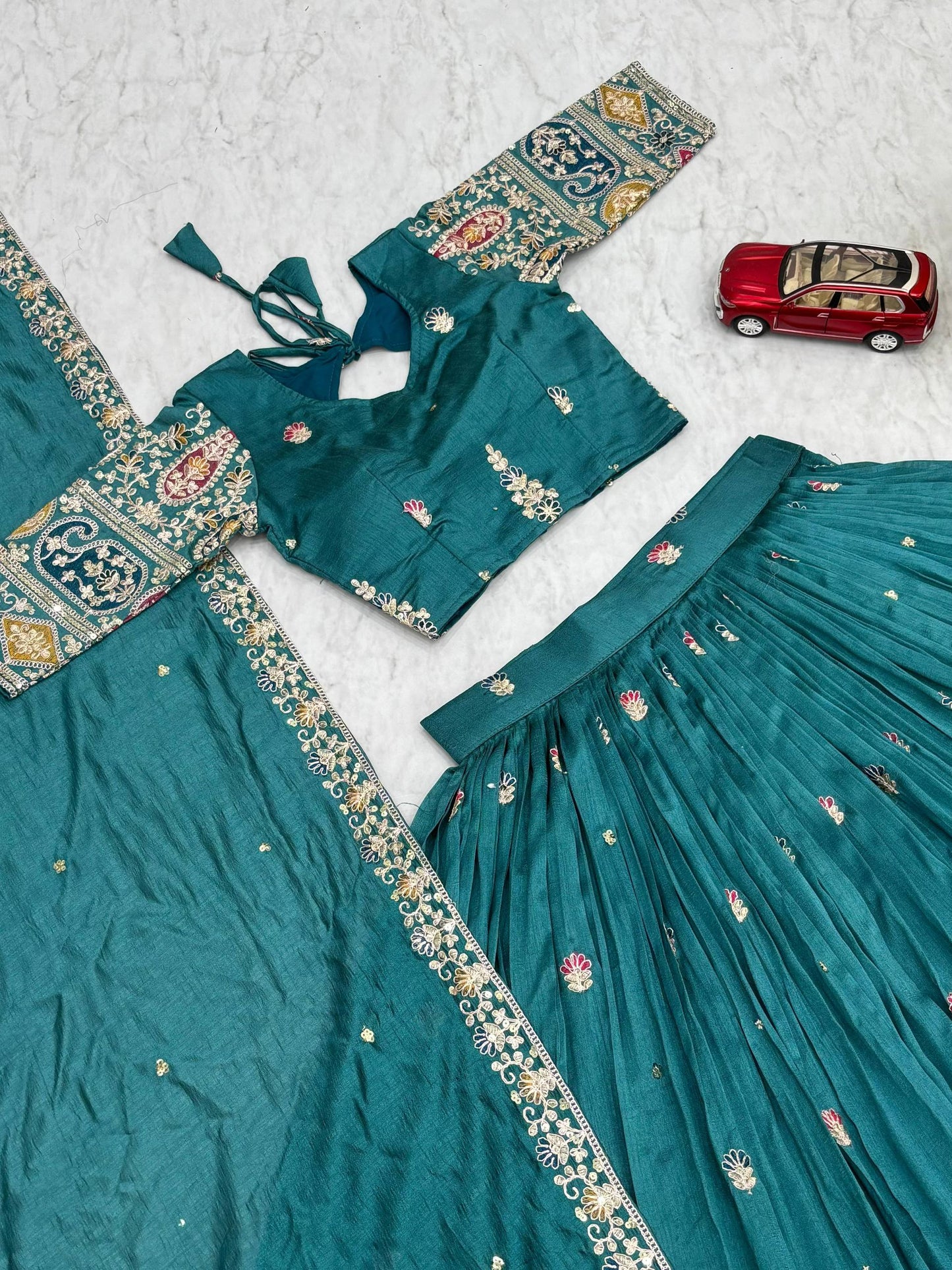 Festive Turquoise Silk Lehenga Choli with Dupatta