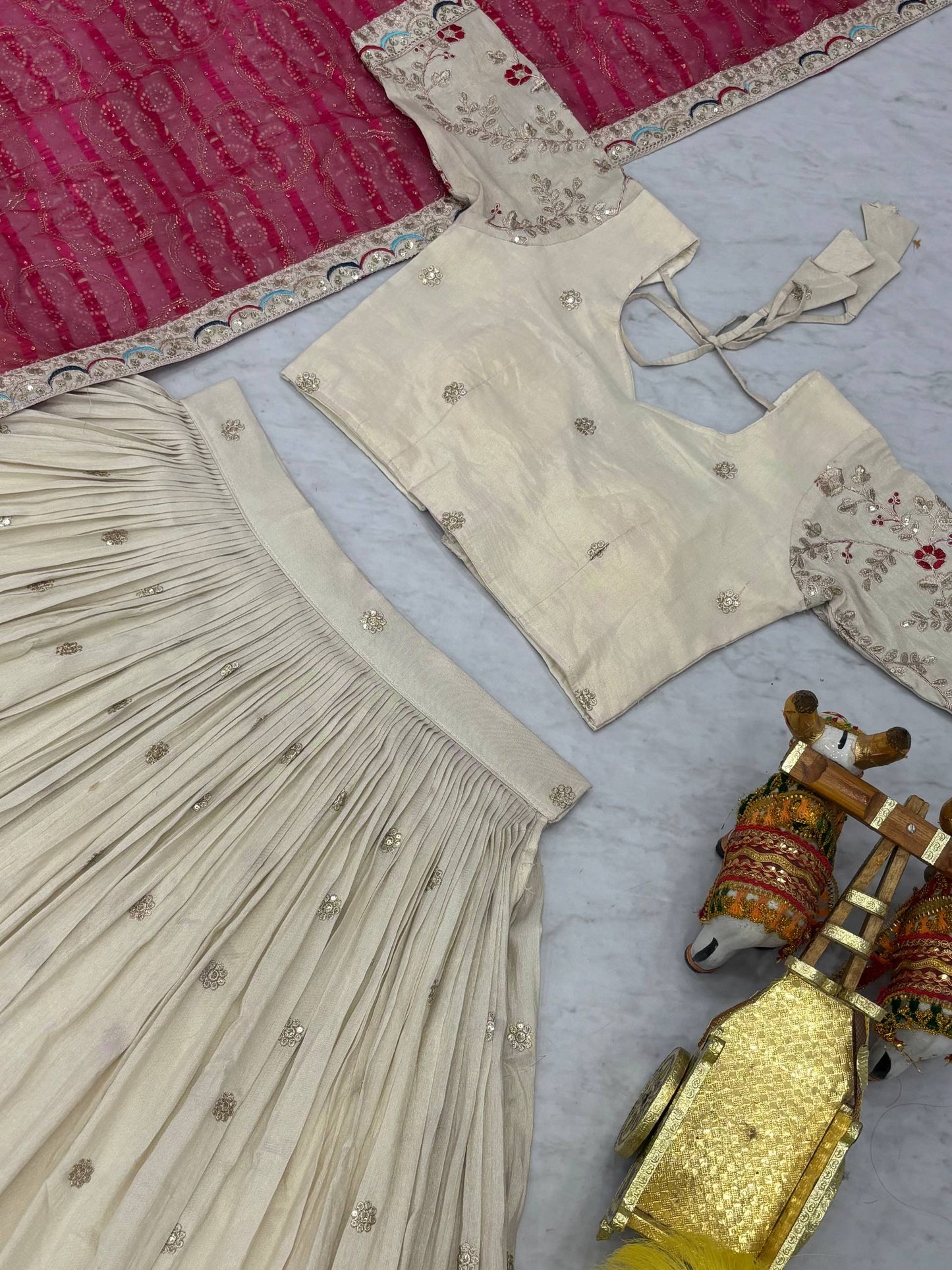Heavy Embroidered Ivory Tissue Silk Lehenga with Pink Dupatta