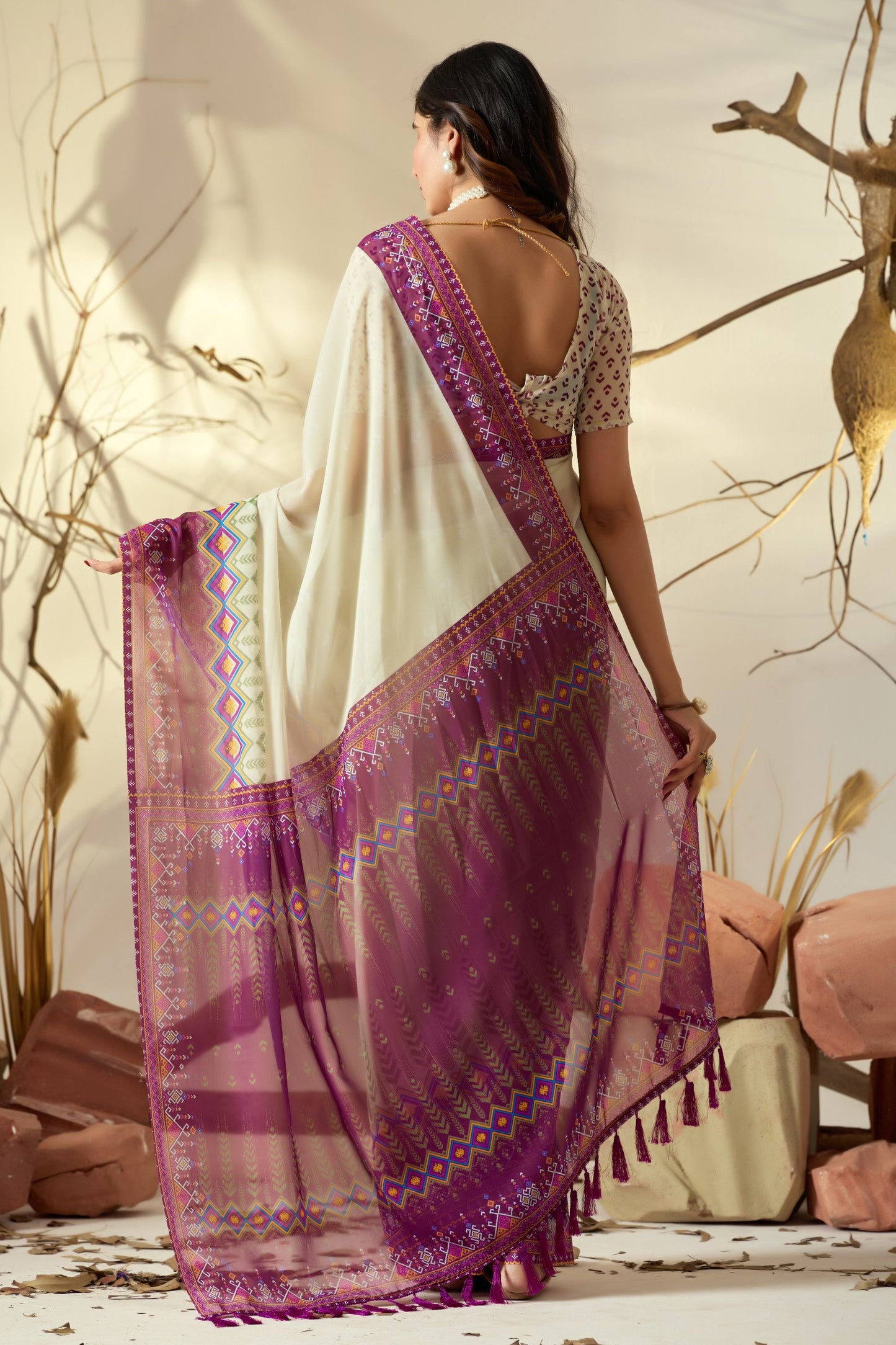 Soft Georgette Saree With Artistic Cream Body and Tassel Detailing