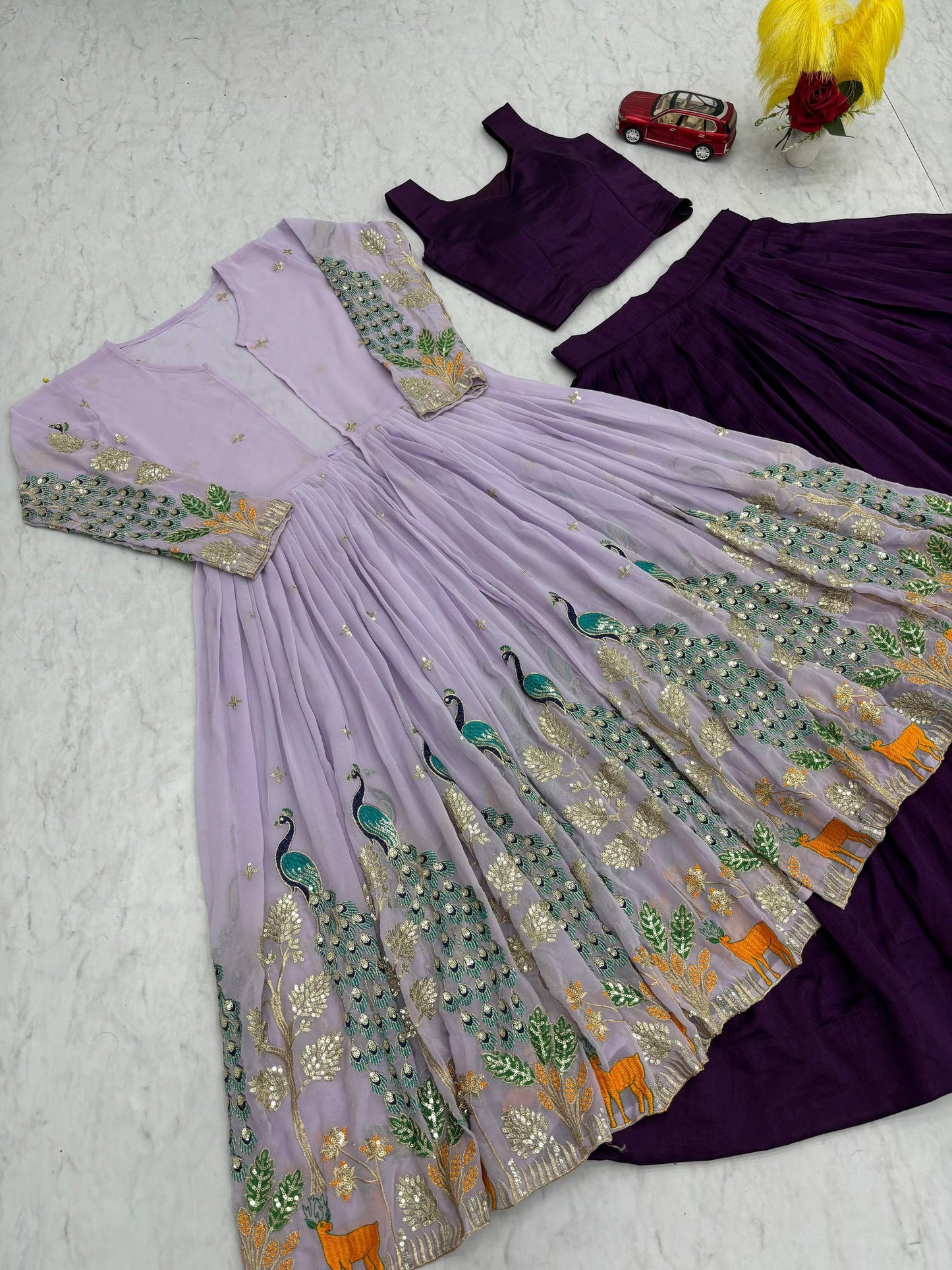 Peacock Embroidered Silk Crop Top with Shrug Lehenga Set