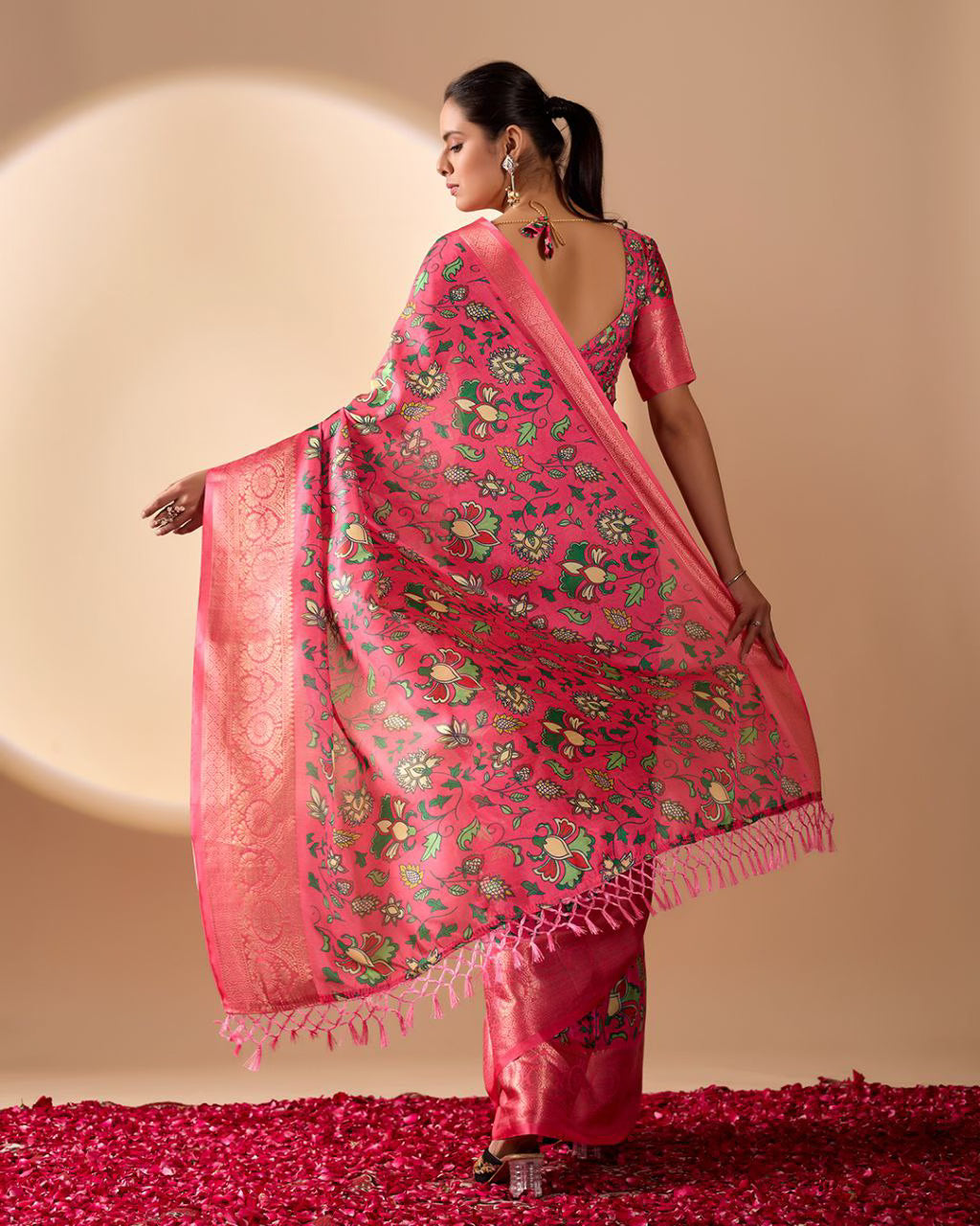 Pink Lichi Silk saree with Floral Patterns