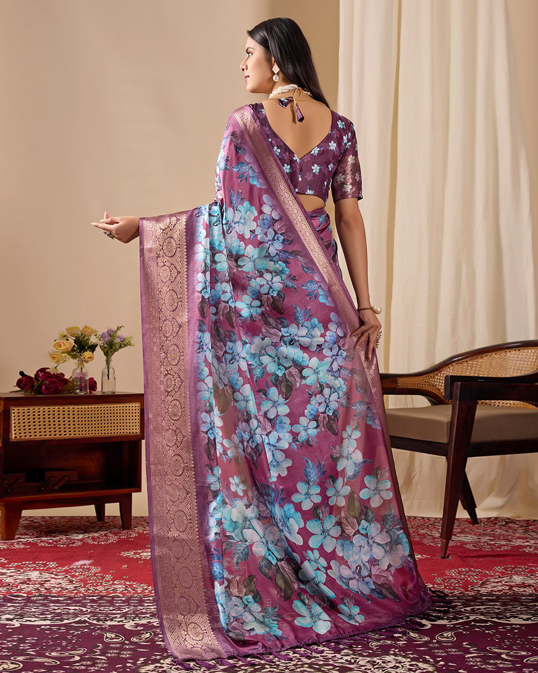 Soft Lichi Silk Saree Beautifully Enhanced With Large Blooming Floral Prints