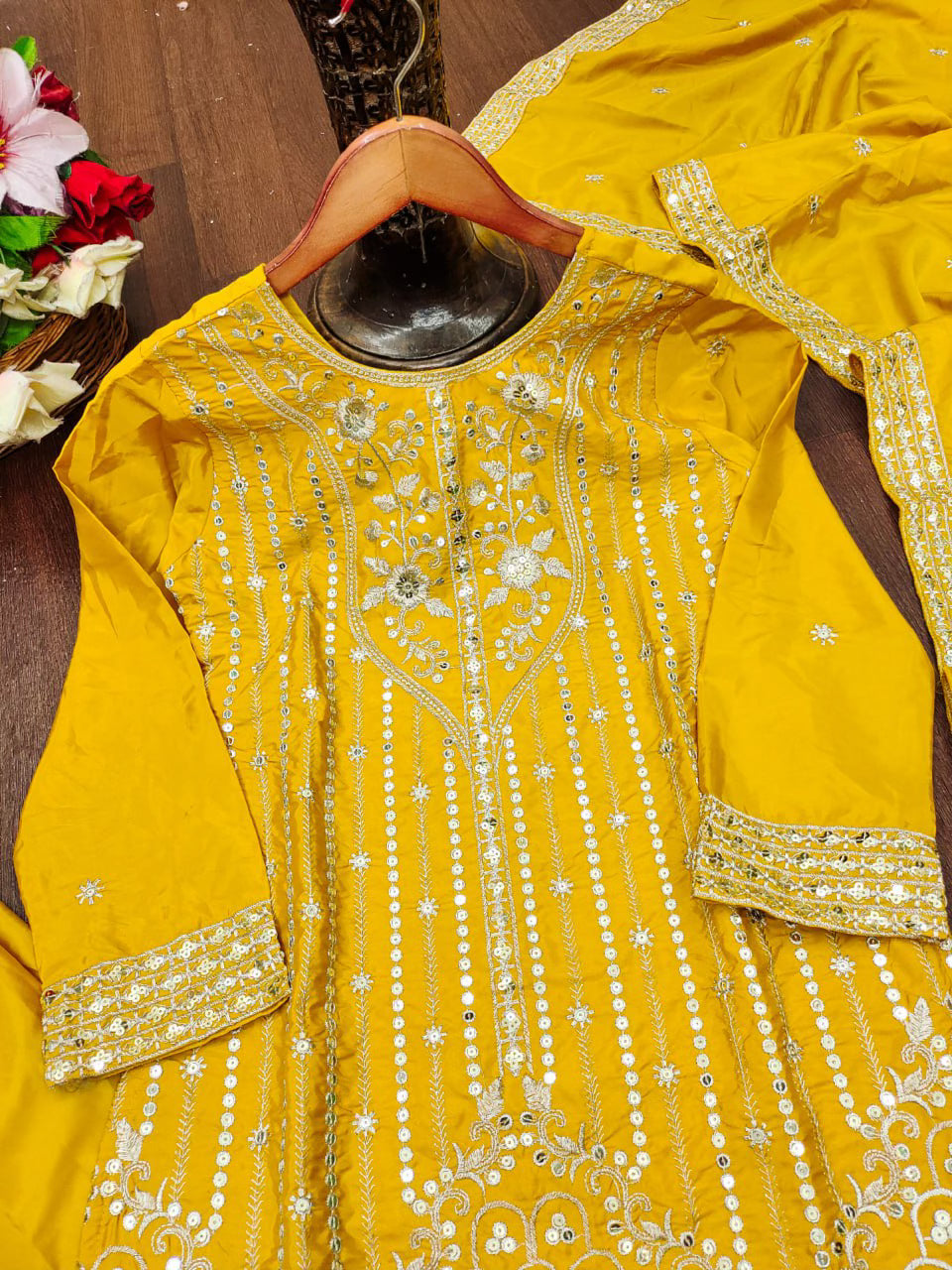 Designer Embroidered Natural Crep Sharara Suit