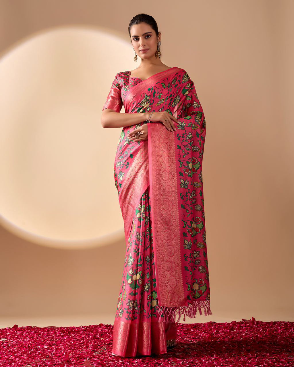 Pink Lichi Silk saree with Floral Patterns