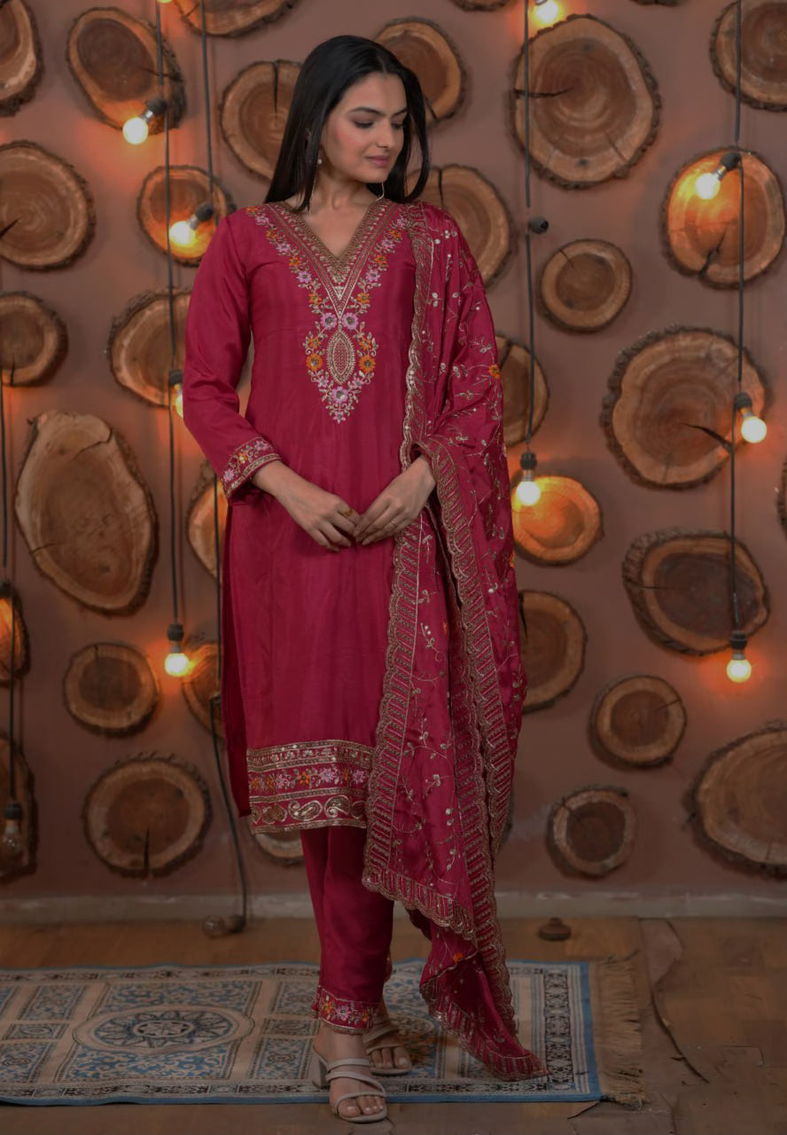 Designer Embroidered Chinon Suit With Multi Sequence Embroidered Work