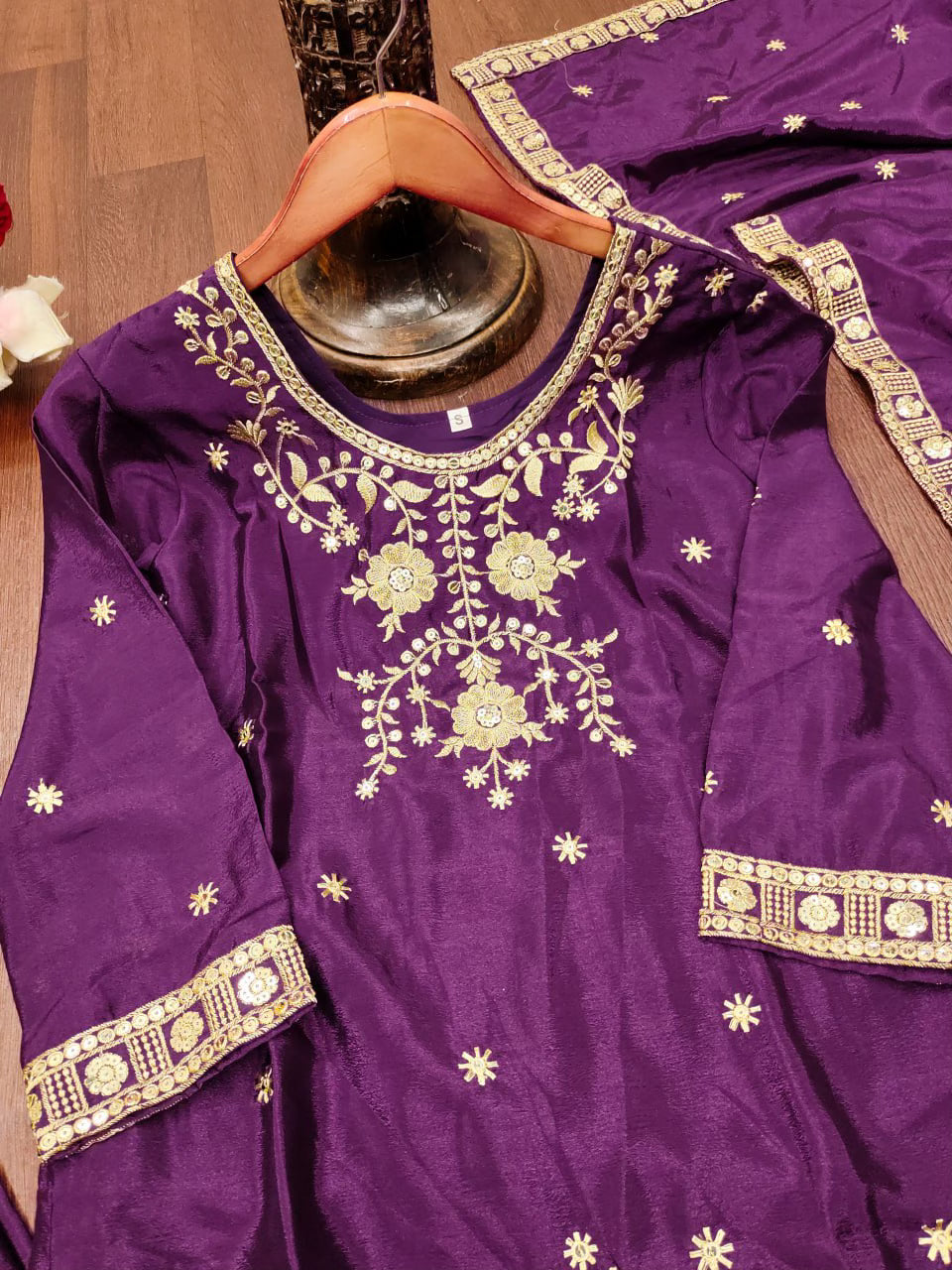 Designer Embroidered Chinon Sharara Suit With Sequence Embroidered Work