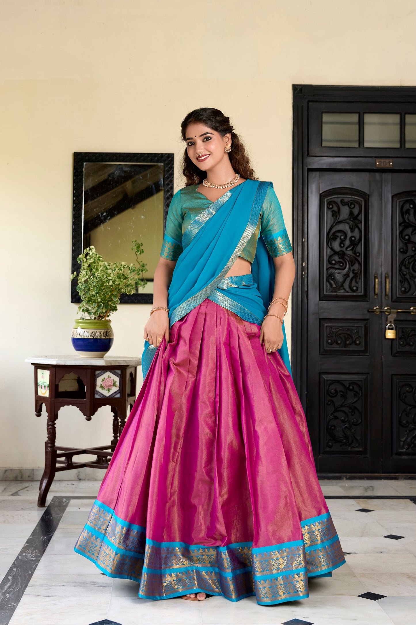 Blue Traditional Kanchipuram Lehenga choli.