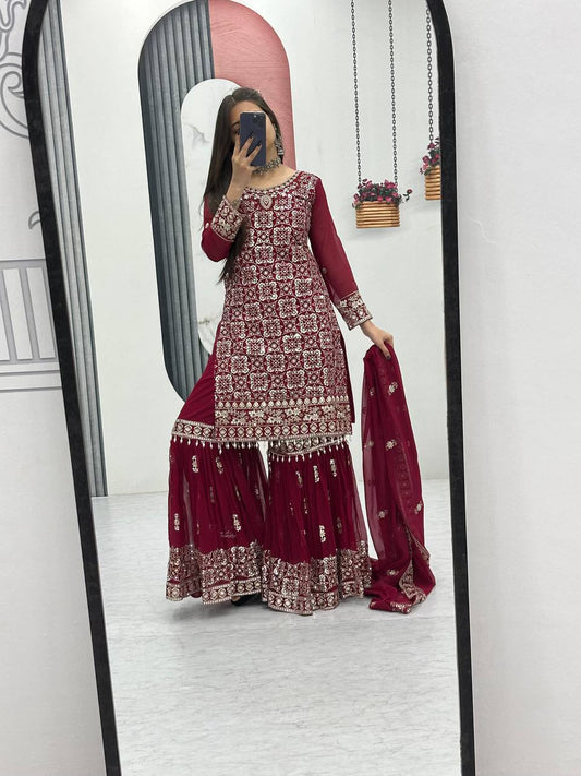 Maroon Georgette Sharara Dupatta Set