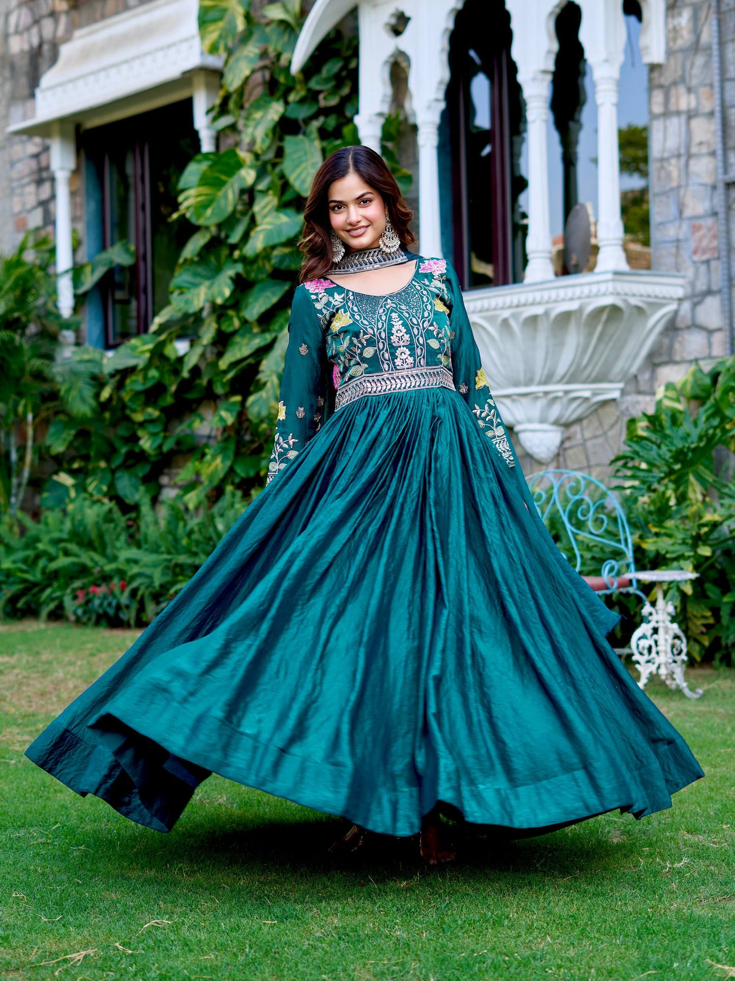 Turquoise Color Heavy Thread Work Silk Gown with Dupatta