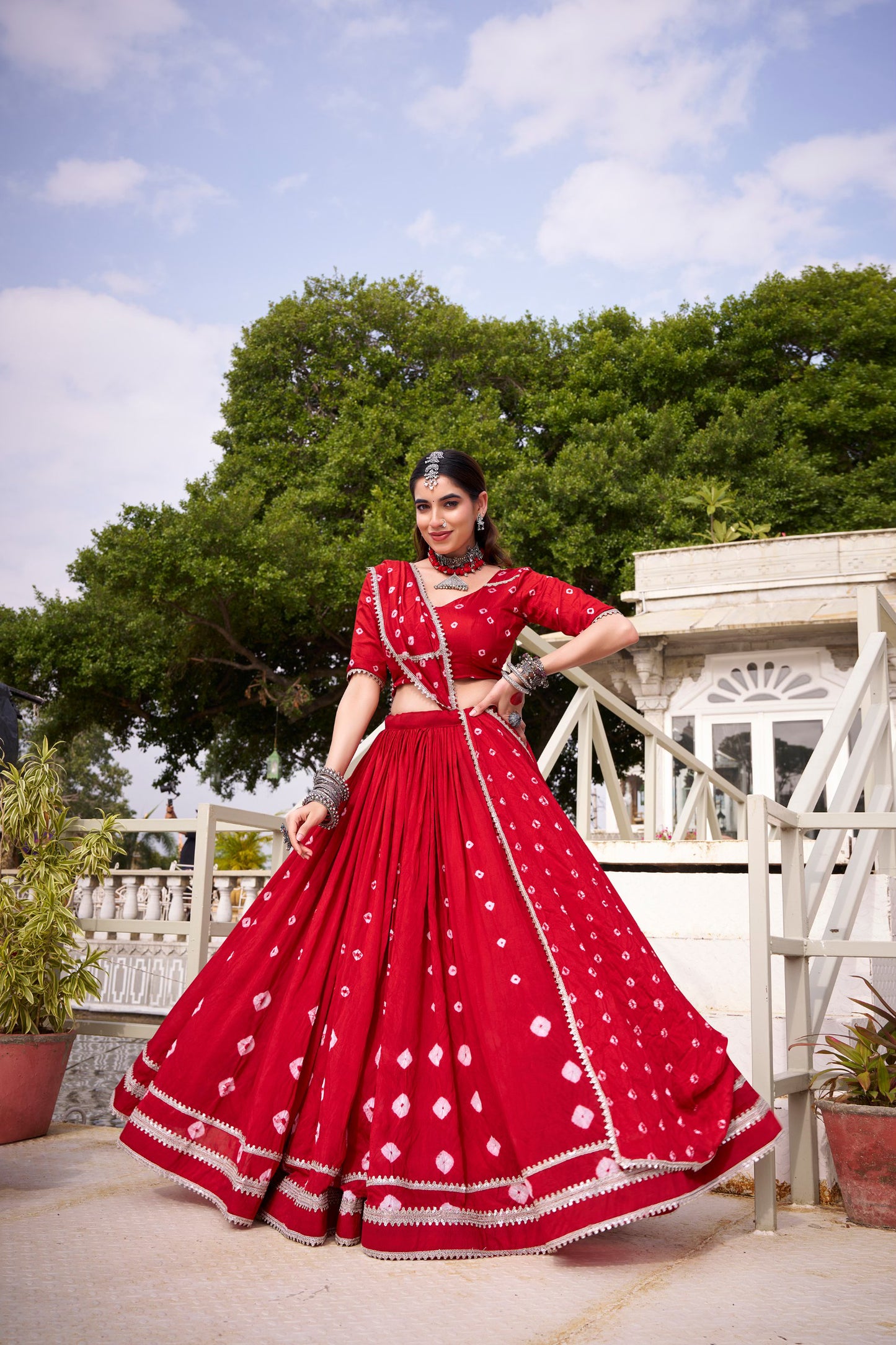 Red Pure Chanderi Bandhej Print Lehenga Choli