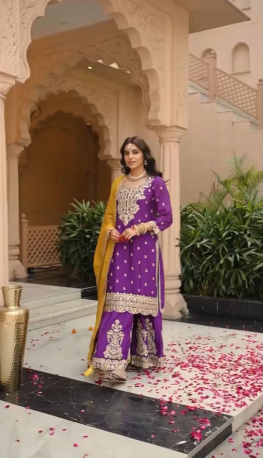 Purple Heavy Embroidered  Silk Top Palazzo & Dupatta Set