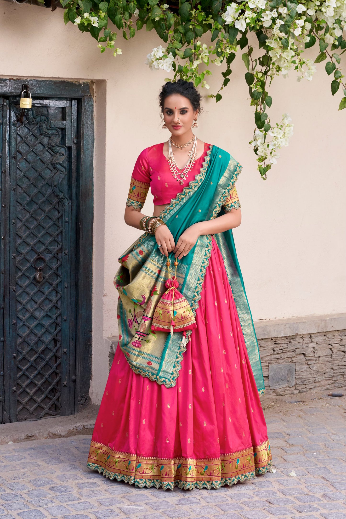 Florescent Pink Silk Paithani Lehenga Choli