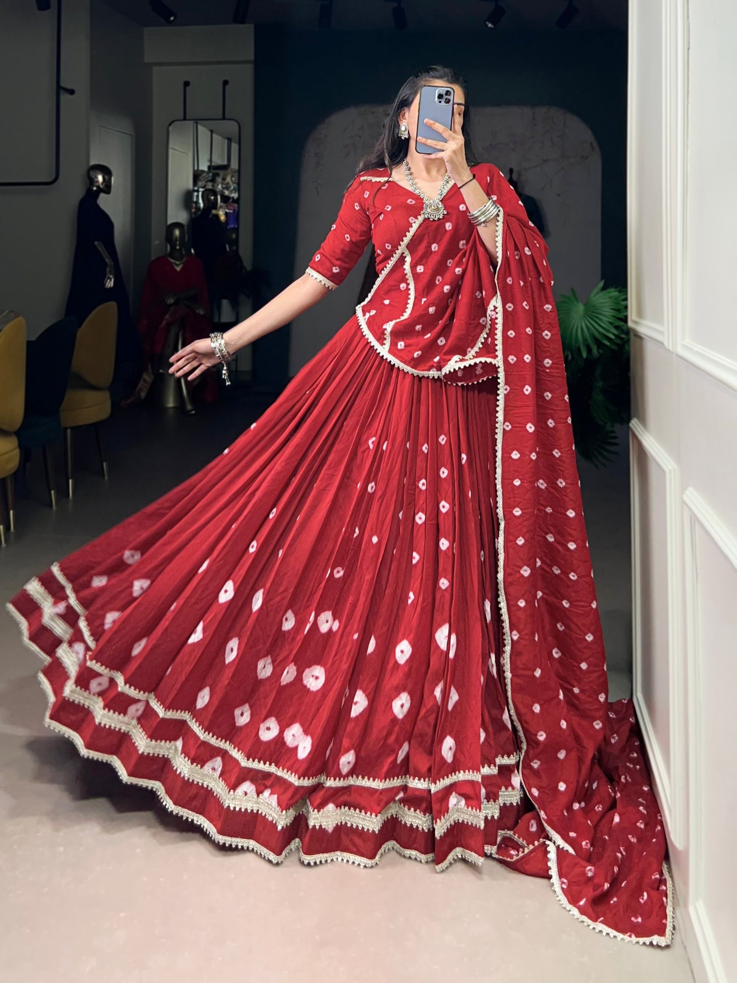 Deep Red Pure Chanderi Bandhej Print Lehenga Choli