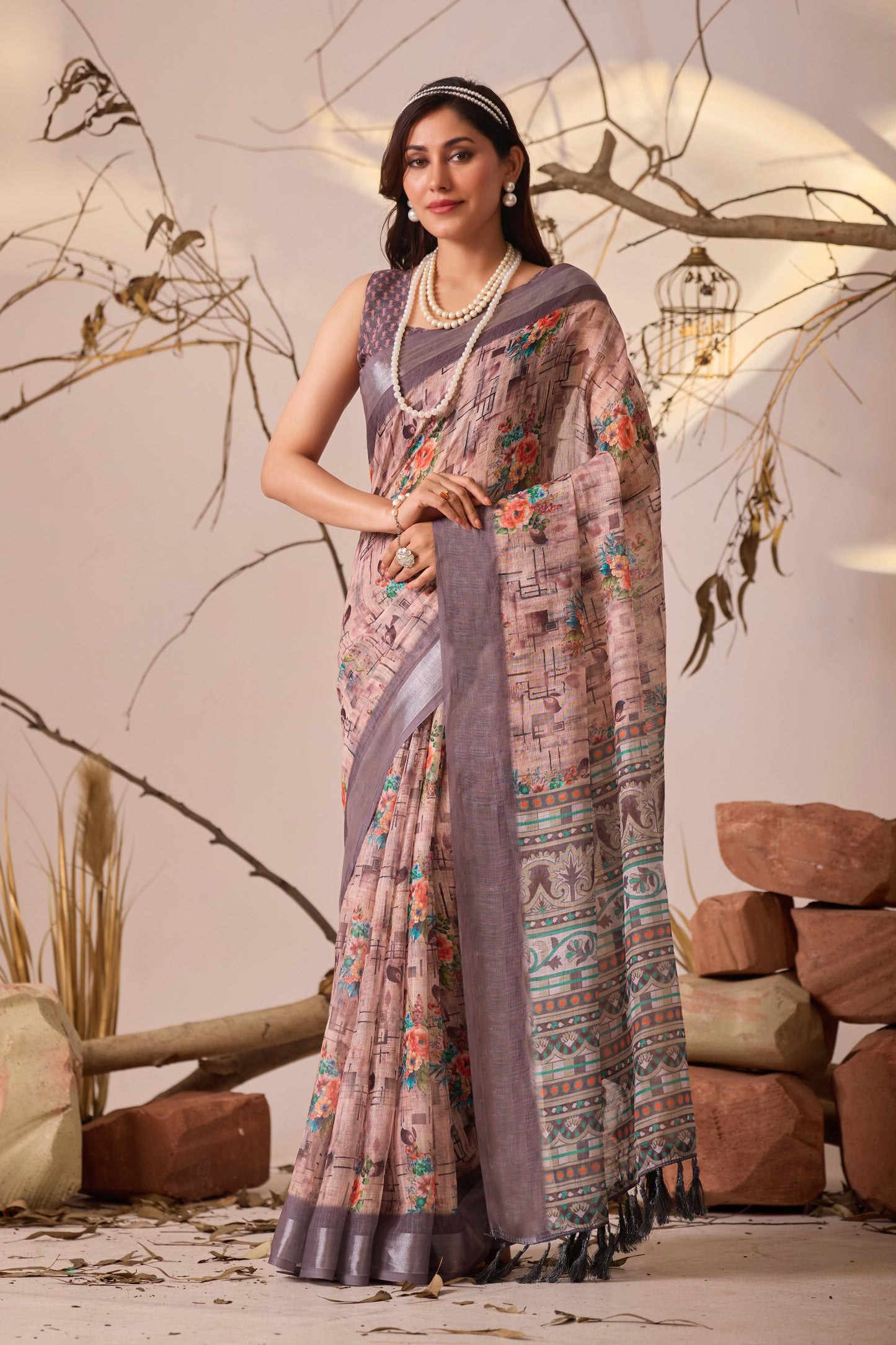 Elegant Digital Floral & Geometric Print Premium Linen Cotton Saree