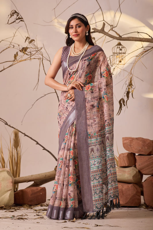 Elegant Digital Floral & Geometric Print Premium Linen Cotton Saree