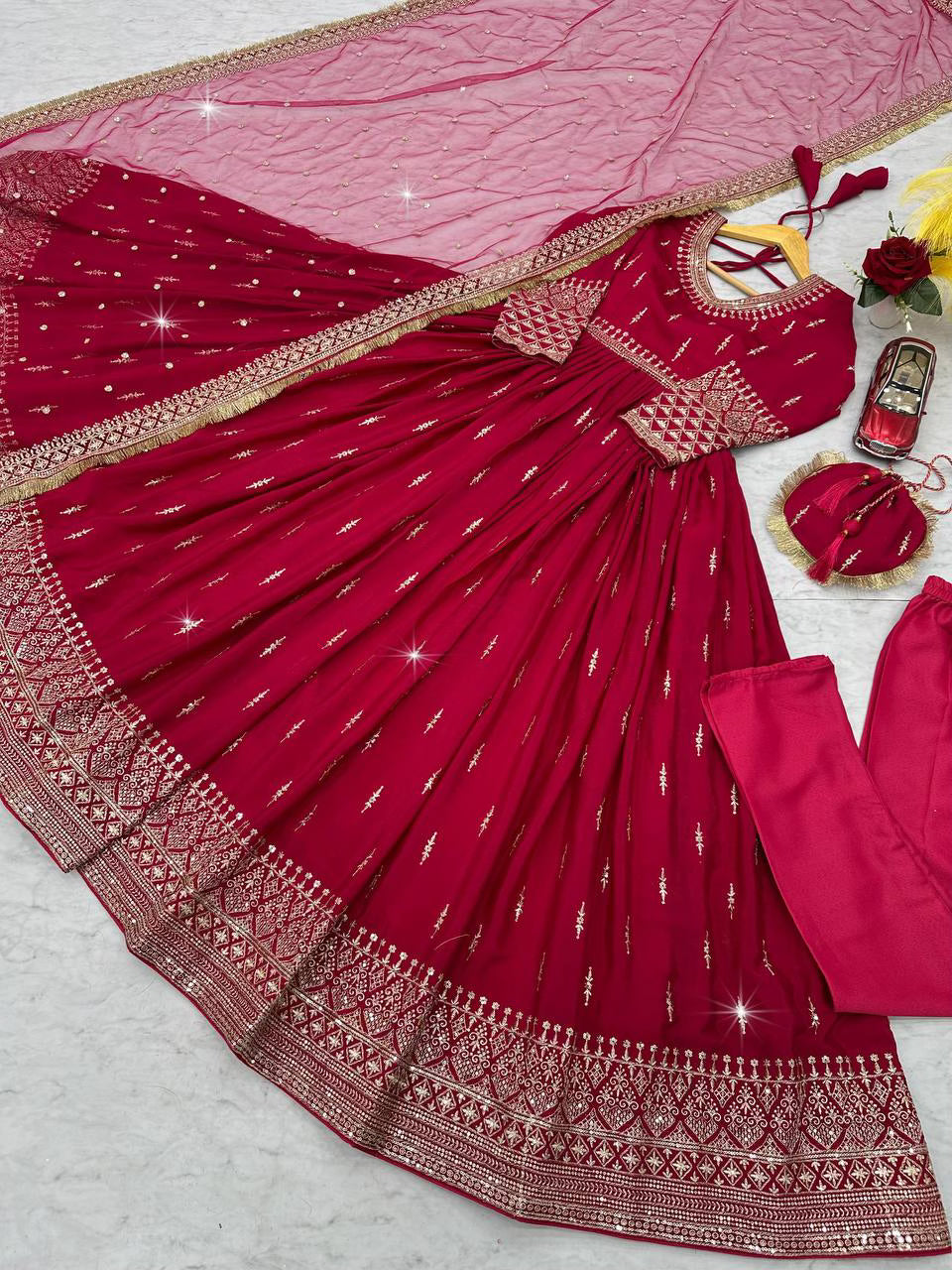 Red Designer Party Wear Gown with Dupatta Set