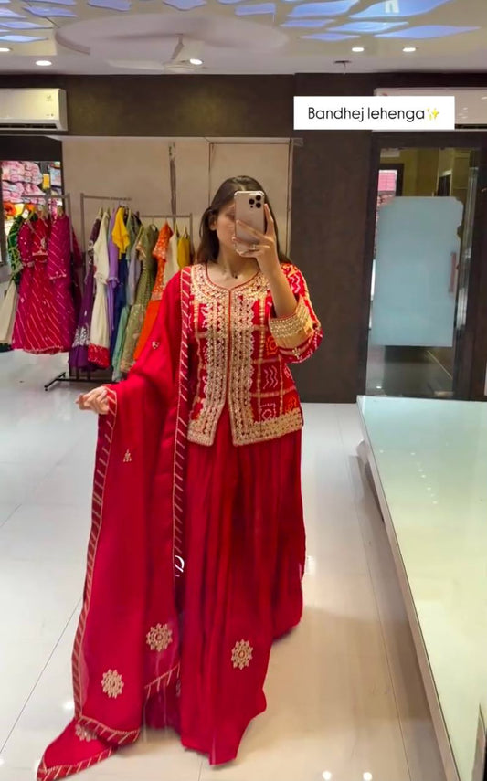 RED DESIGNER WEAR  HEAVY CHINON EMBROIDERY CODING SEQUENCE WORK TOP WITH LEHENGA