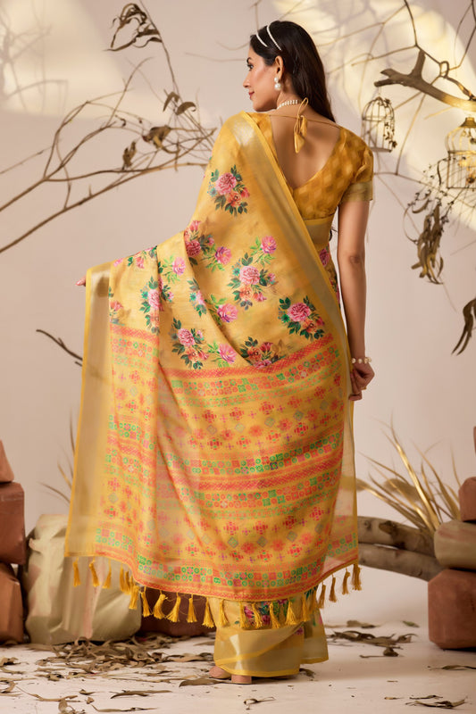 Premium Linen Cotton Saree with Traditional Patola Style Print