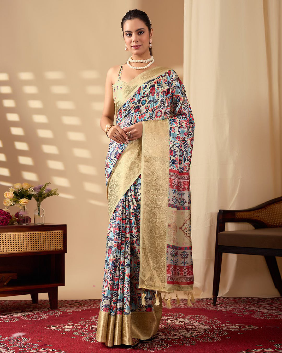 Exquisite Soft Lichi Silk Saree Enriched With Golden Zari Border