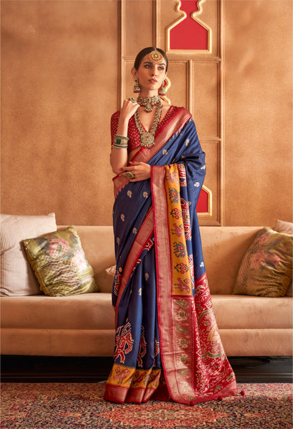 Deep Blue Premium Banarasi Silk Patola Saree with Traditional Gold Motifs