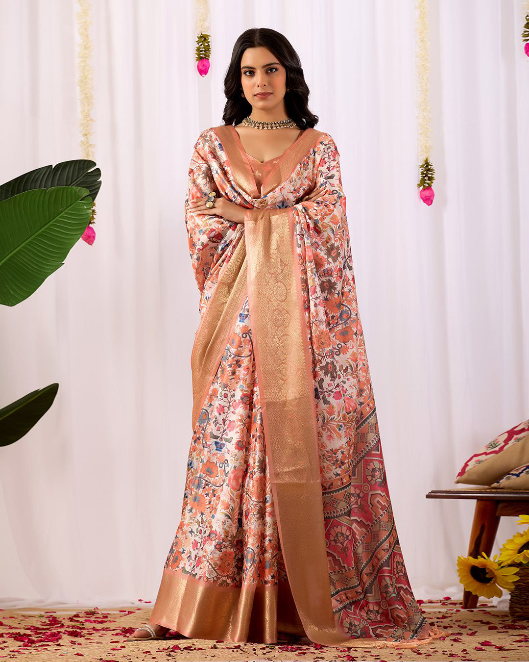 Premium Beige Floral Soft Silk Saree