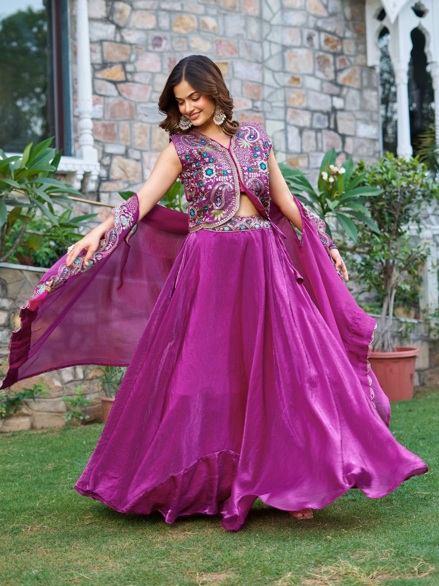 Pure Fendy Silk Lehenga Set in Wine Color