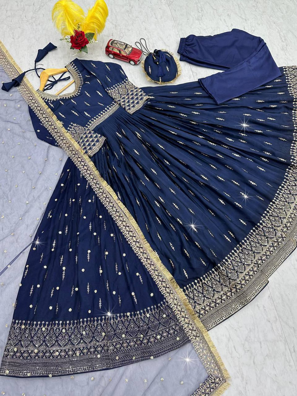 Royal Blue Heavy Designer Party Wear Gown Dupatta& Bottom Set