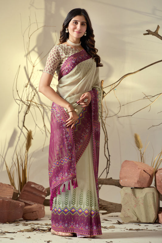 Soft Georgette Saree With Artistic Cream Body and Tassel Detailing