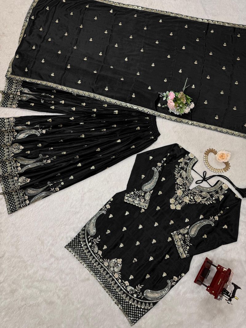 Black chinon silk thread with Sequence top & palazzo and dupatta
