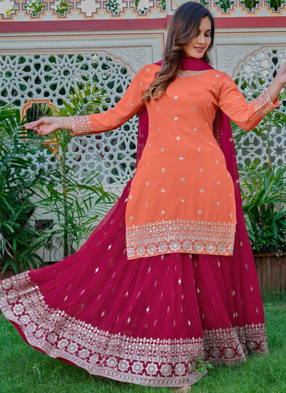 Embroidered Peach And Dark Pink Georgette Palazzo Suit Set