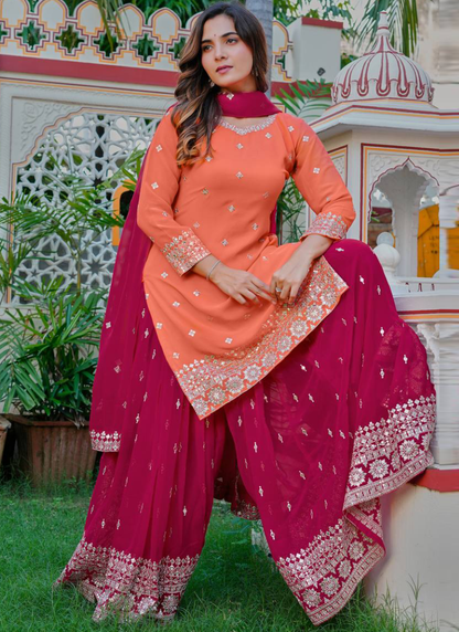 Embroidered Peach And Dark Pink Georgette Palazzo Suit Set
