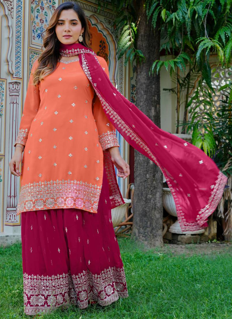 Embroidered Peach And Dark Pink Georgette Palazzo Suit Set