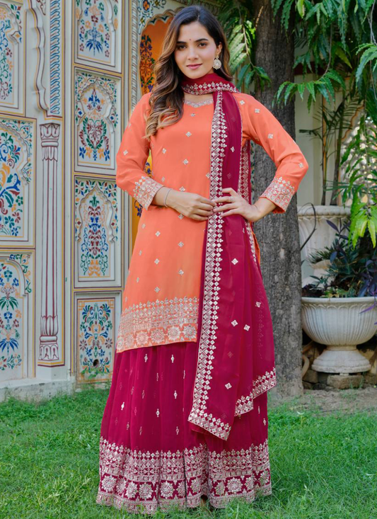 Embroidered Peach And Dark Pink Georgette Palazzo Suit Set