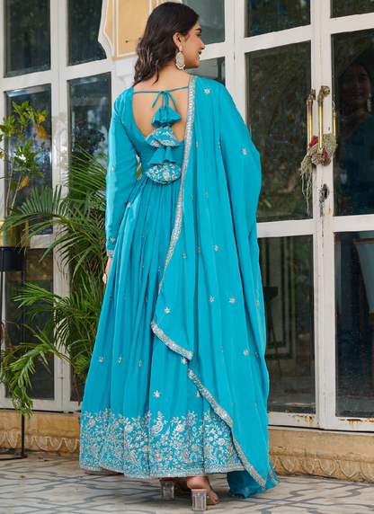 Heavy Embroidered Sky Blue Silk Designer Anarkali Gown