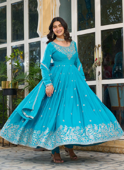 Heavy Embroidered Sky Blue Silk Designer Anarkali Gown