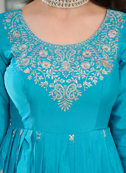 Heavy Embroidered Sky Blue Silk Designer Anarkali Gown