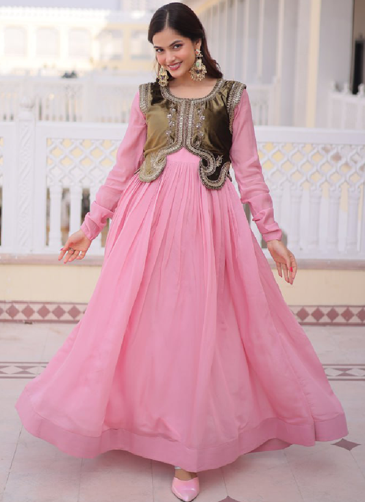 Jacket With Chanderi Silk Plain Light Pink Stitched Gown