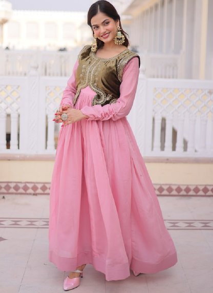 Jacket With Chanderi Silk Plain Light Pink Stitched Gown