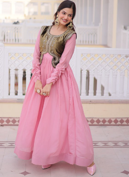 Jacket With Chanderi Silk Plain Light Pink Stitched Gown