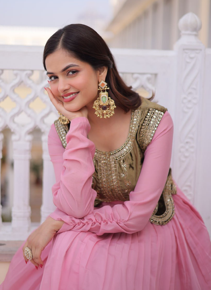 Jacket With Chanderi Silk Plain Light Pink Stitched Gown