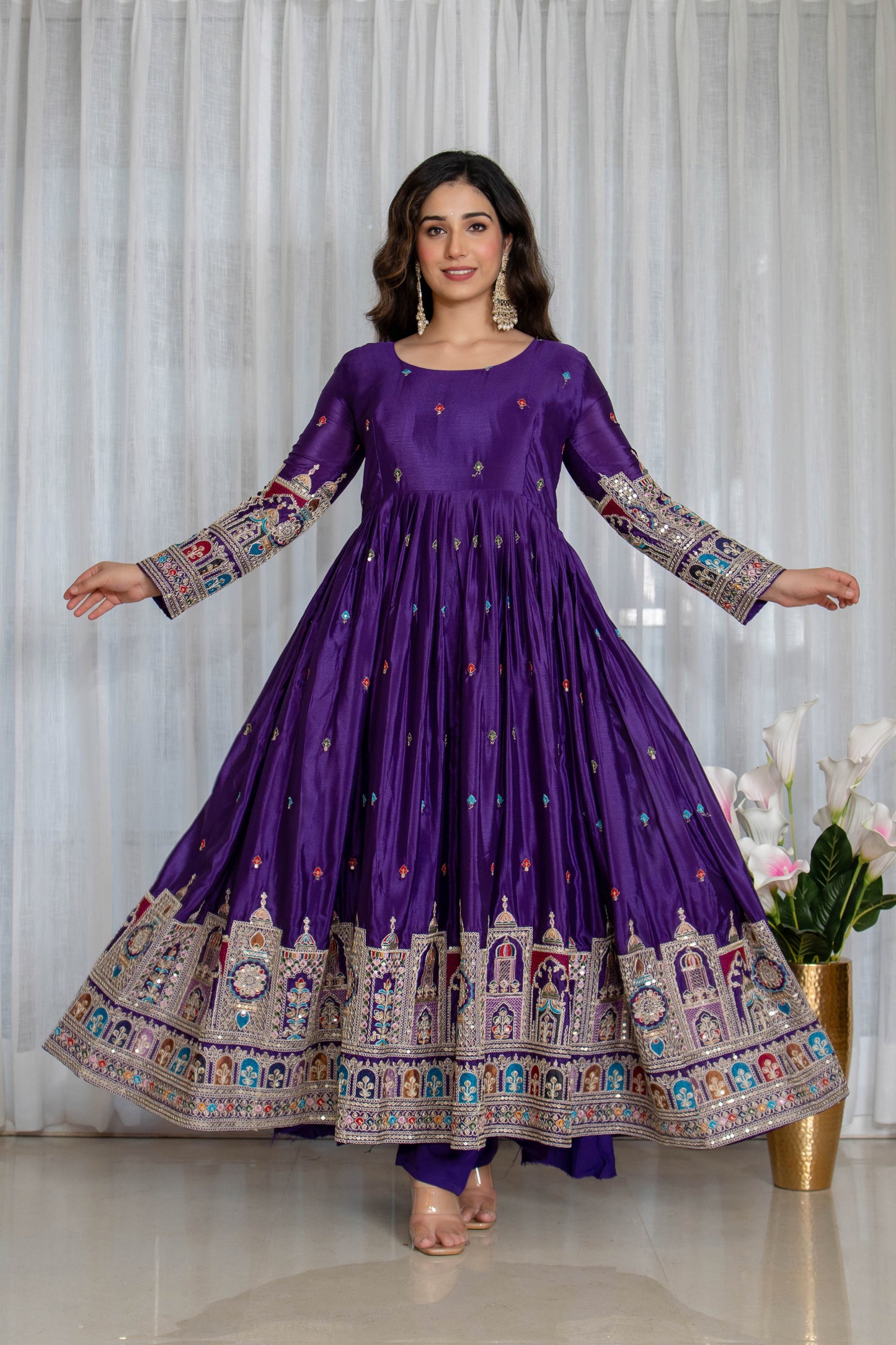 Purple Pure Chinnon Silk Embroidered Gown Set with Pant and Matching Dupatta