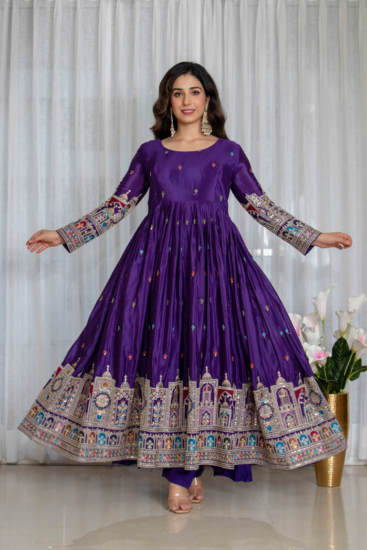 Purple Pure Chinnon Silk Embroidered Gown Set with Pant and Matching Dupatta