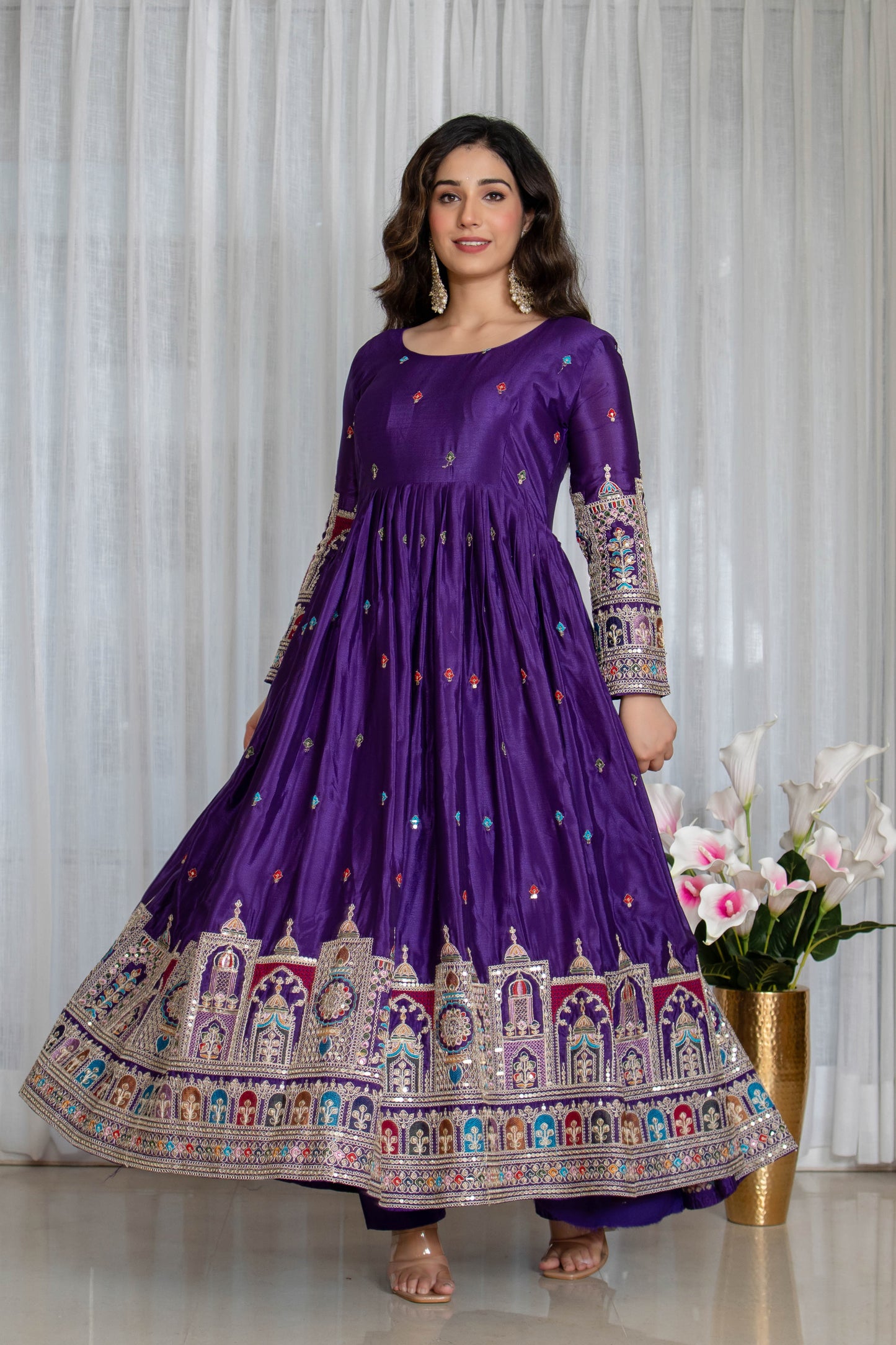 Purple Pure Chinnon Silk Embroidered Gown Set with Pant and Matching Dupatta
