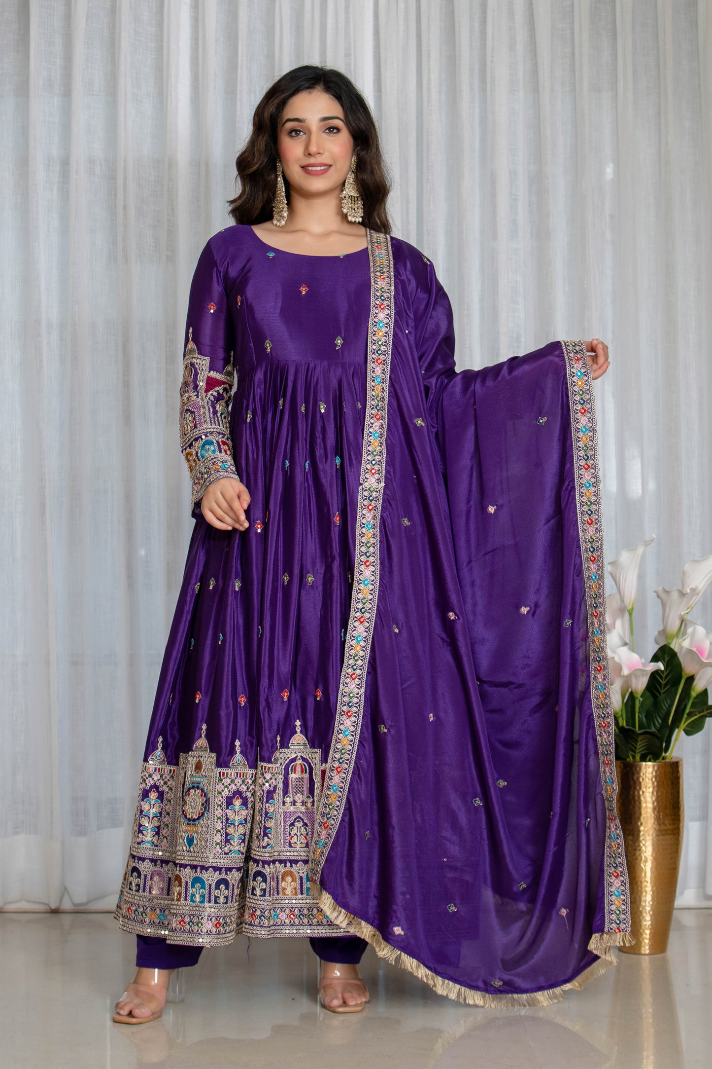Purple Pure Chinnon Silk Embroidered Gown Set with Pant and Matching Dupatta