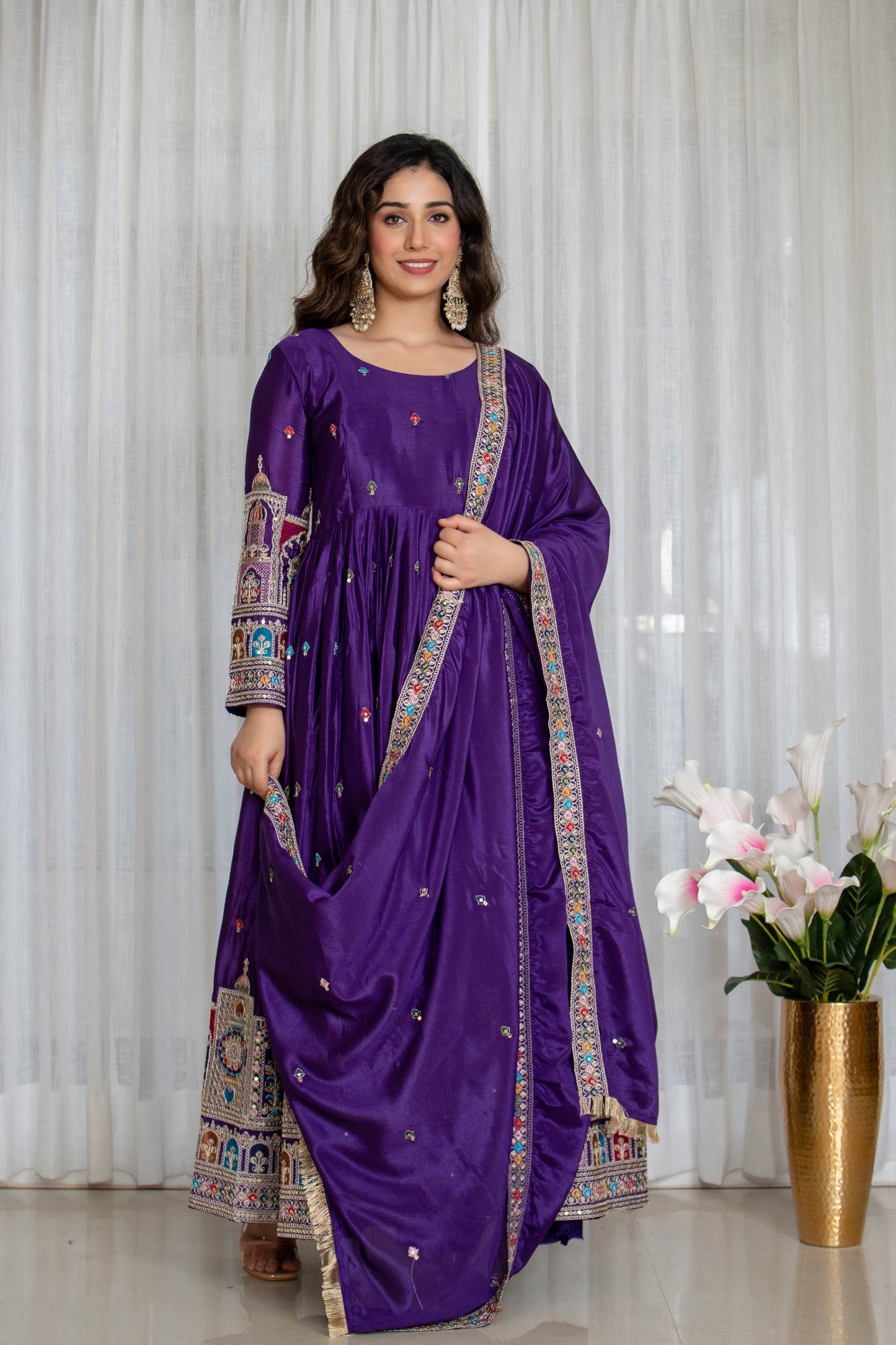 Purple Pure Chinnon Silk Embroidered Gown Set with Pant and Matching Dupatta