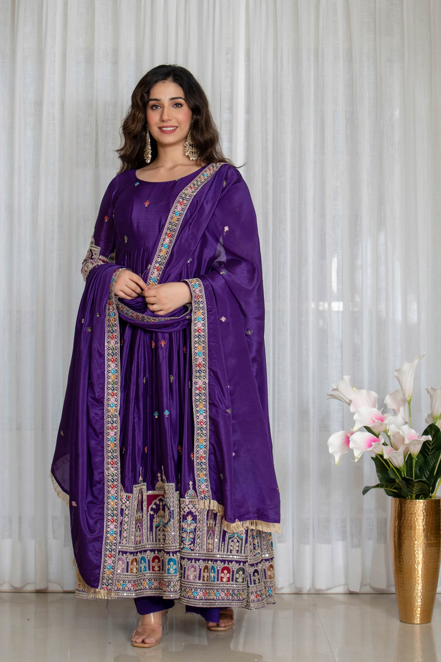 Purple Pure Chinnon Silk Embroidered Gown Set with Pant and Matching Dupatta